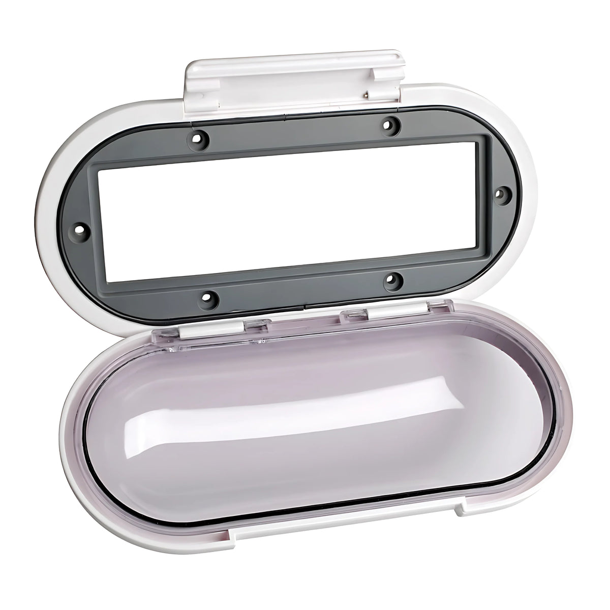 Frontalino stagno universale con sportello trasparente per proteggere la radio nautica dall'acqua e dalla salsedine. Compatibile con standard DIN e SAE.