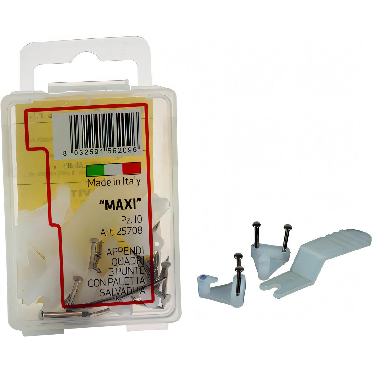 Ganci appendiquadri in acciaio con applicatore, 3 punte, scatola da 10