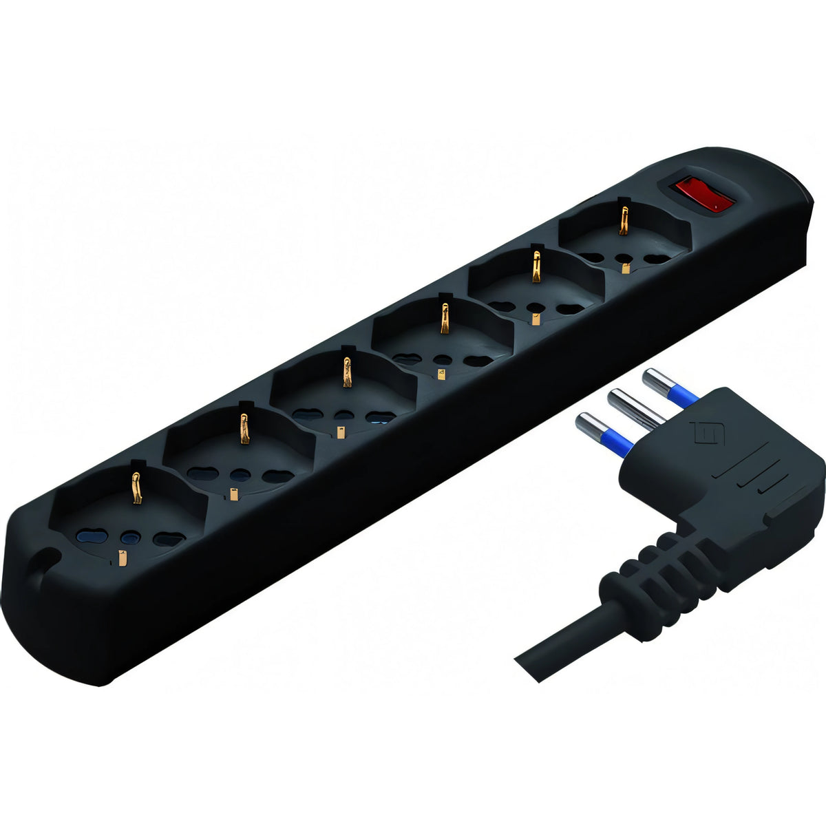 Multipresa Vigor 6 prese schuko/bipasso nera, spina 90 gradi 10A