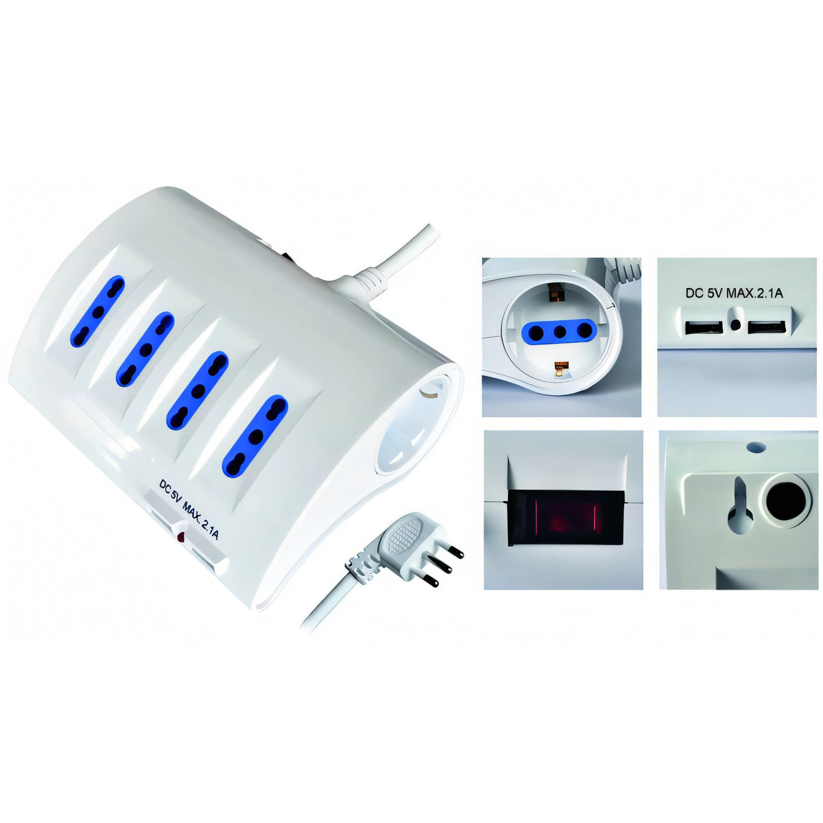 Multipresa Vigor 8 prese schuko, bipasso e USB con interruttore, spina 90 gradi 16A