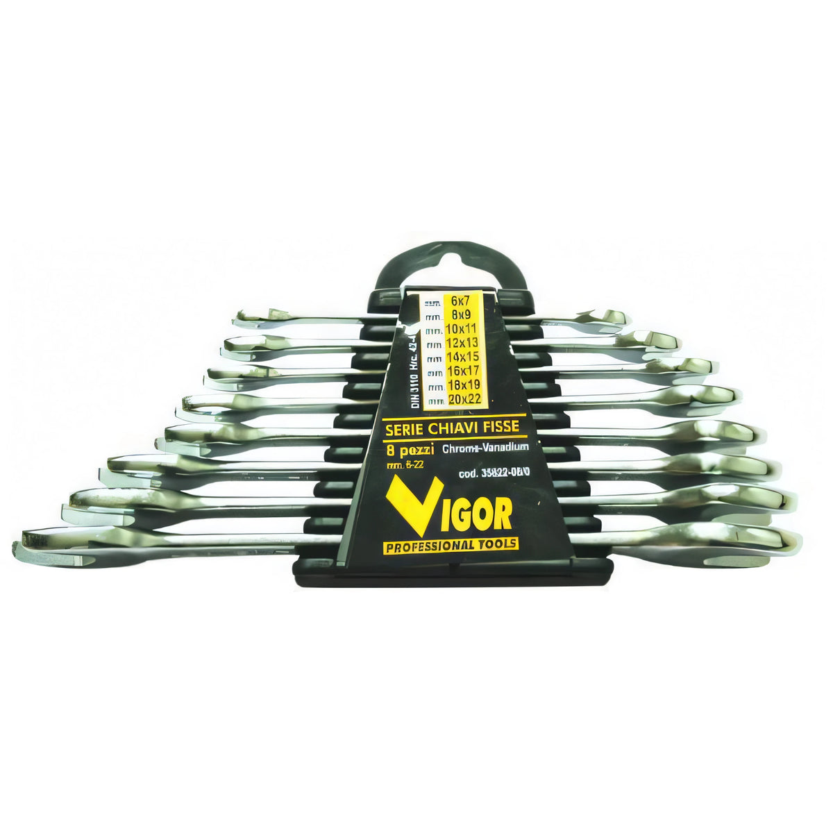 Serie chiavi fisse Vigor DIN3110 su supporto, 8 pezzi