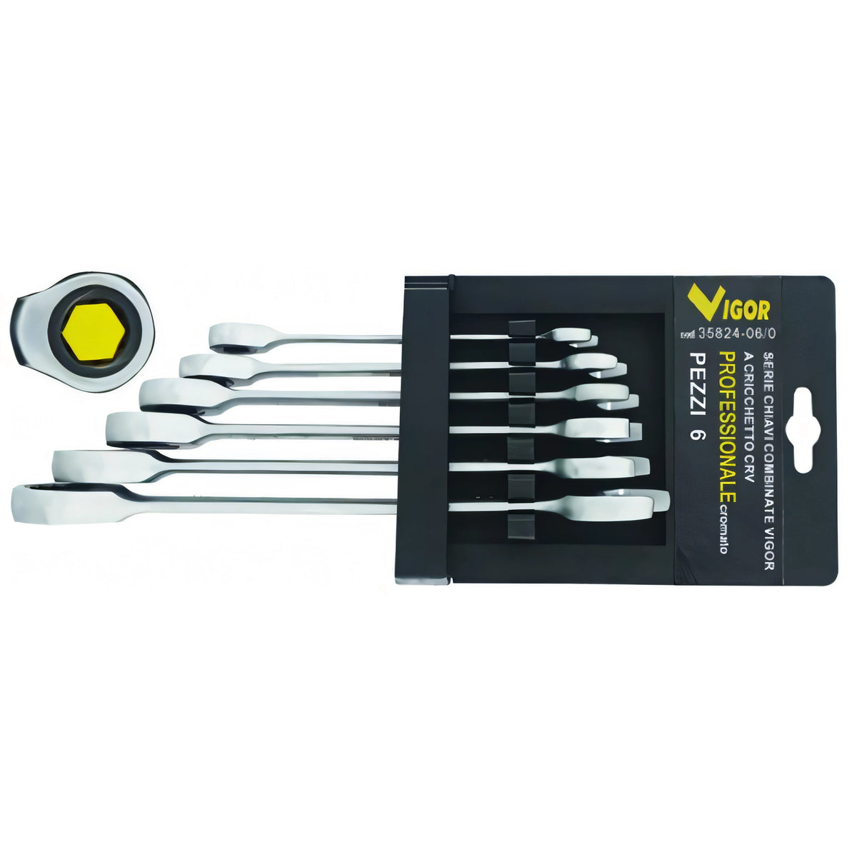 Serie chiavi combinate Vigor a cricchetto CRV, 6 pezzi, 8-19 mm
