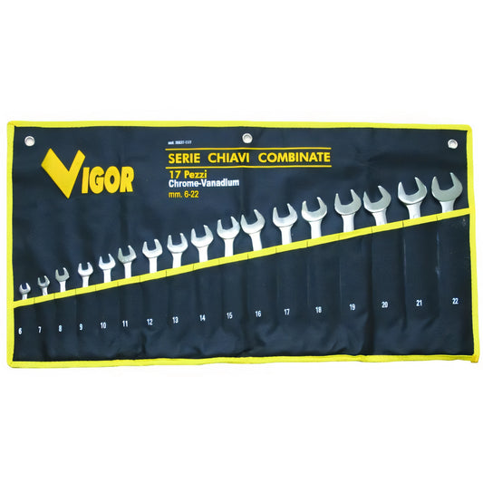 Serie chiavi combinate Vigor DIN3113 in borsa di tela, 17 pezzi