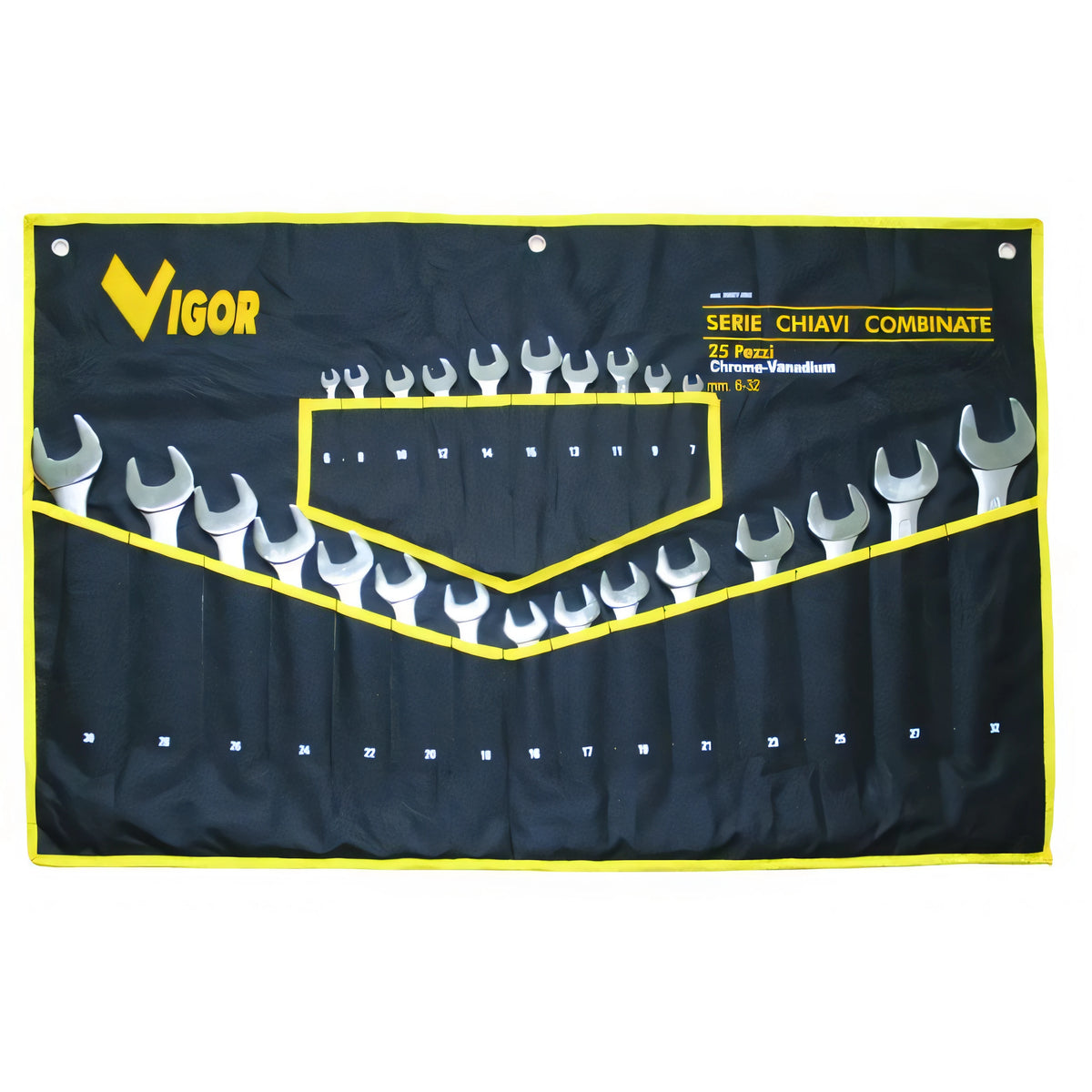Serie chiavi combinate Vigor DIN3113 in borsa di tela, 25 pezzi