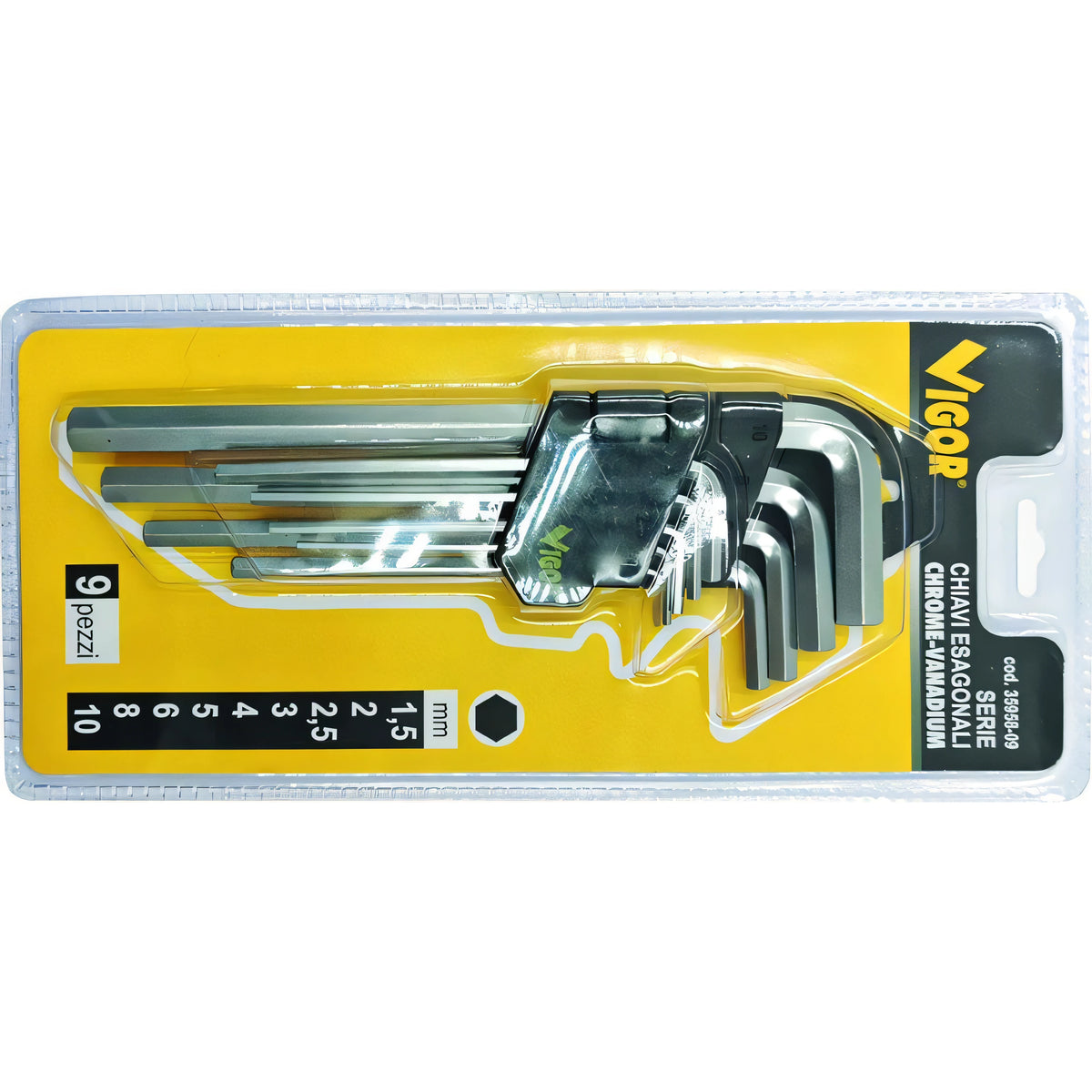 Serie chiavi a brugola Vigor esagonali lunghe, 9 pezzi, 1,5-10 mm