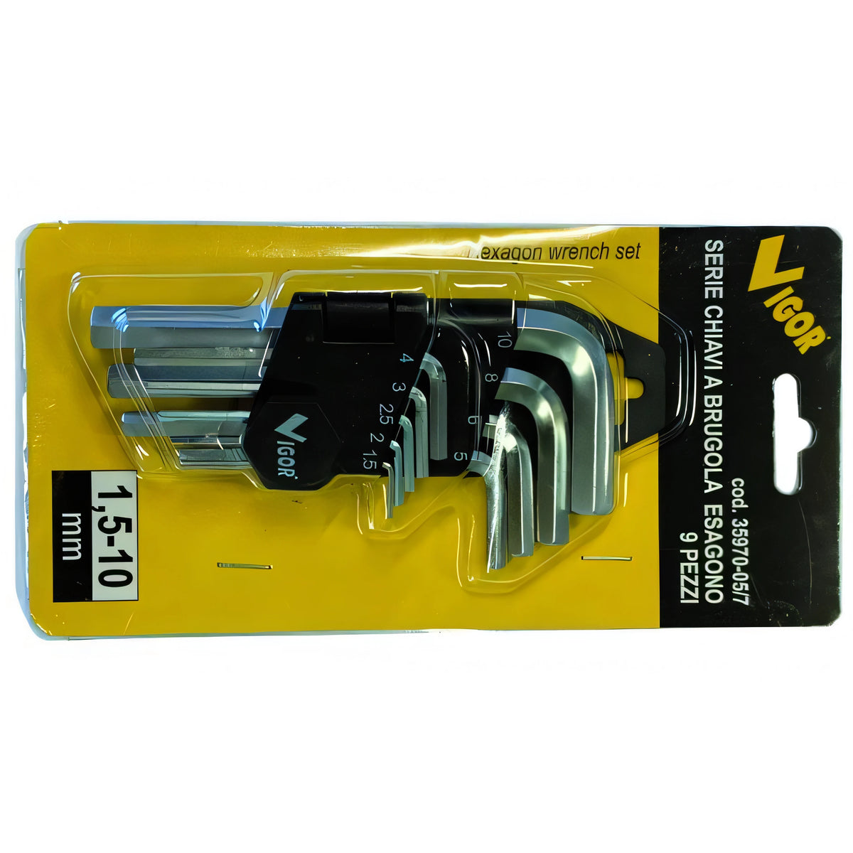 Serie chiavi a brugola Vigor esagonali su supporto, 9 pezzi, 1,5-10 mm