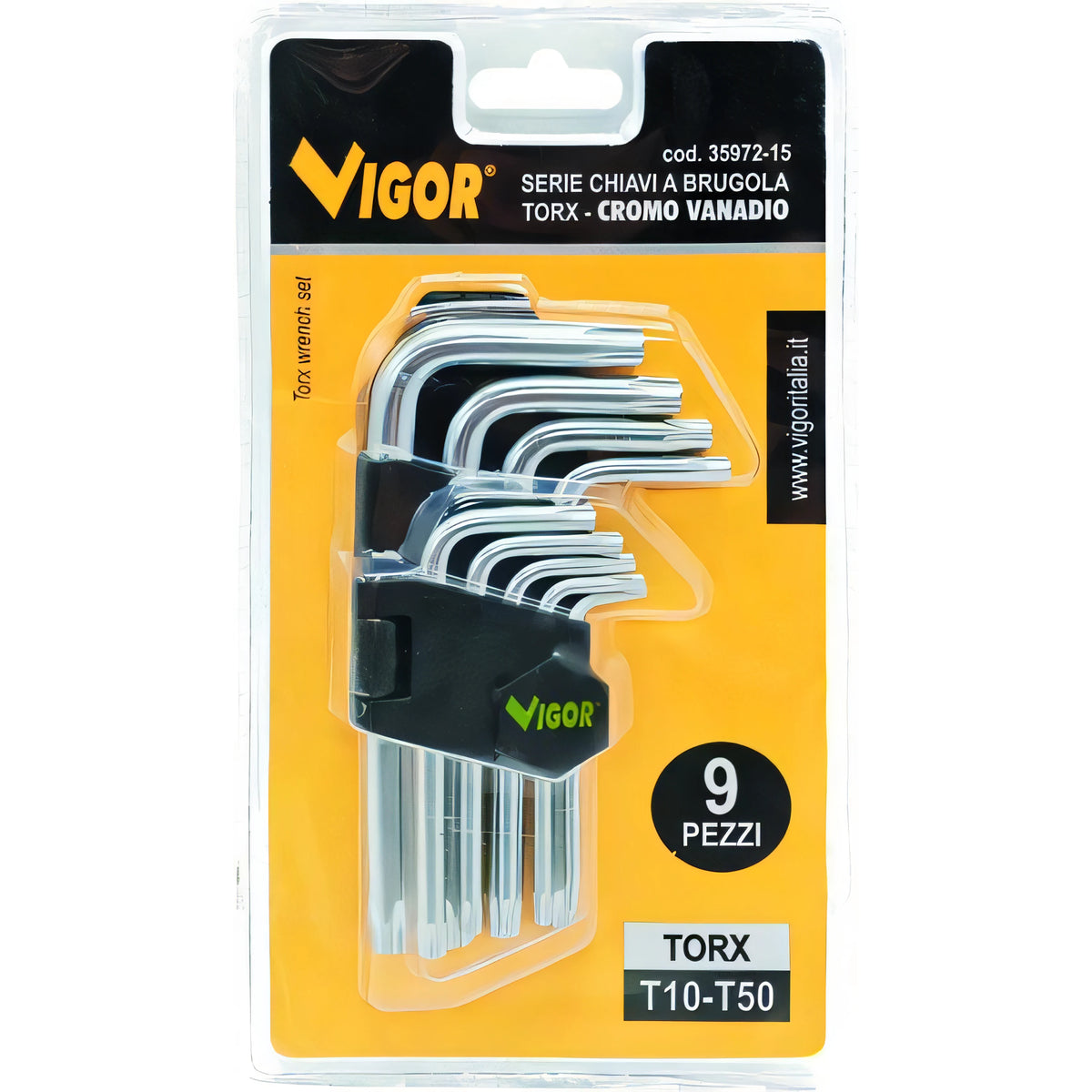 Serie chiavi a brugola Vigor Torx su supporto, 9 pezzi, T10-T50