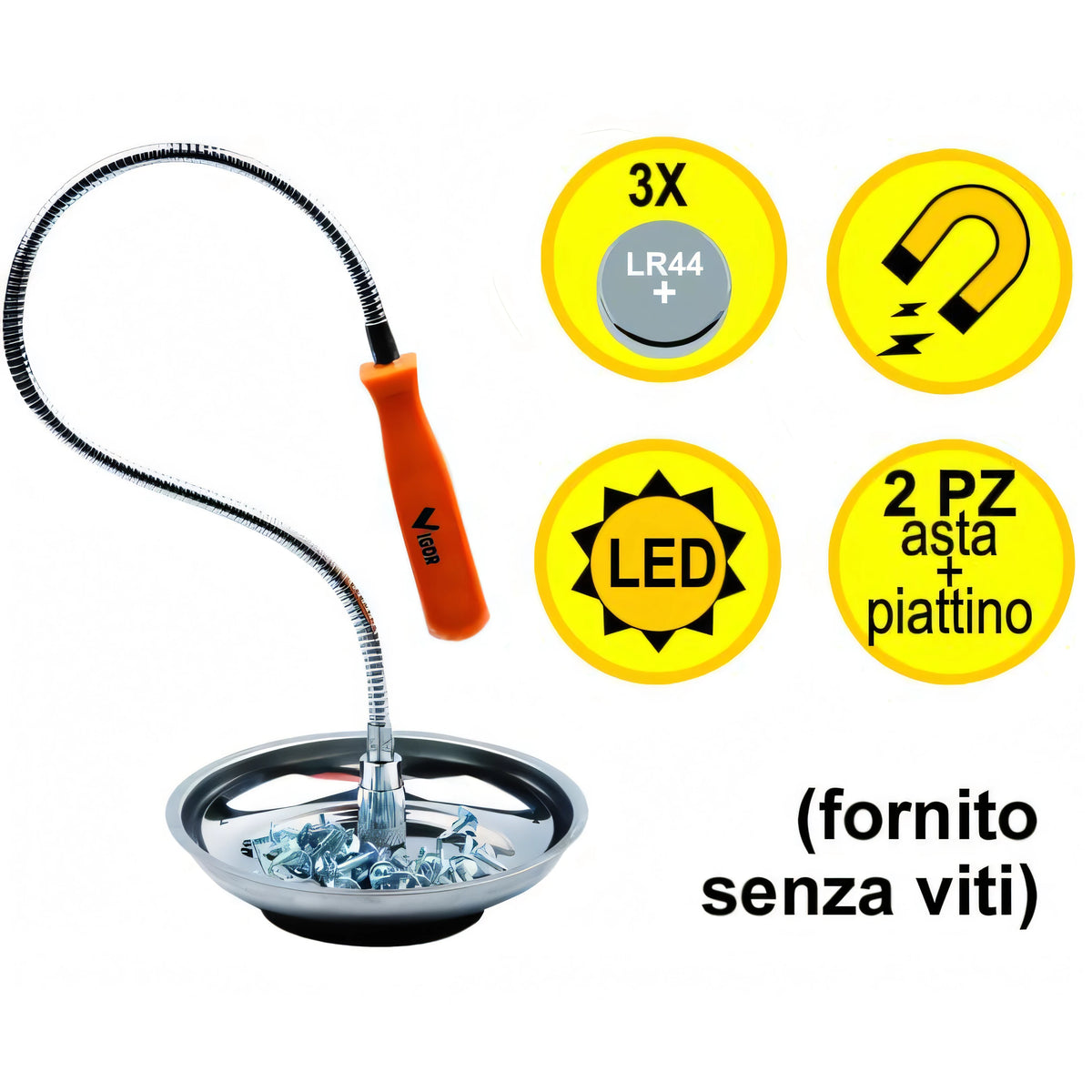 Asta magnetica flessibile Vigor con vaschetta magnetica e luce LED