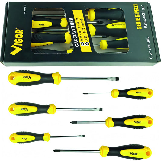 Serie cacciaviti Vigor CRV taglio e croce, 6 pezzi