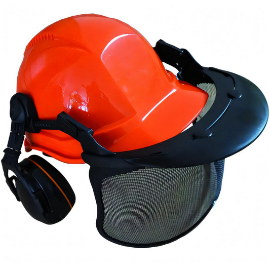 Elmetto di protezione Blinky Jack arancione con cuffie antirumore e visiera