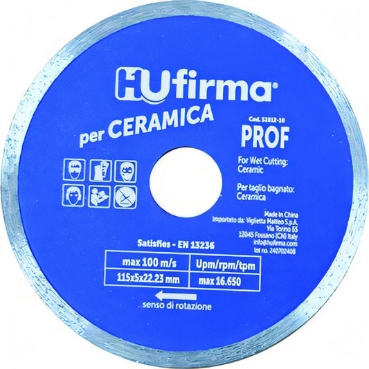 Disco diamantato Hufirma corona continua ceramic blu, taglio a umido, Ø 115 mm