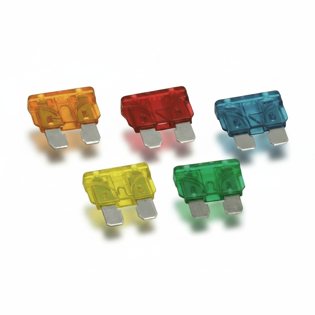 Fusibili lamellari UNIVAL in plastica trasparente colorata: arancione, rosso, blu, giallo, verde con terminali metallici