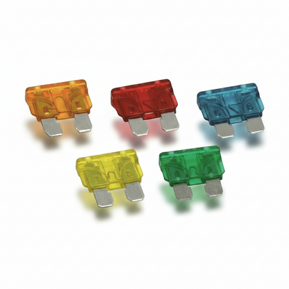 Fusibili lamellari UNIVAL in plastica trasparente colorata: arancione, rosso, blu, giallo, verde con terminali metallici