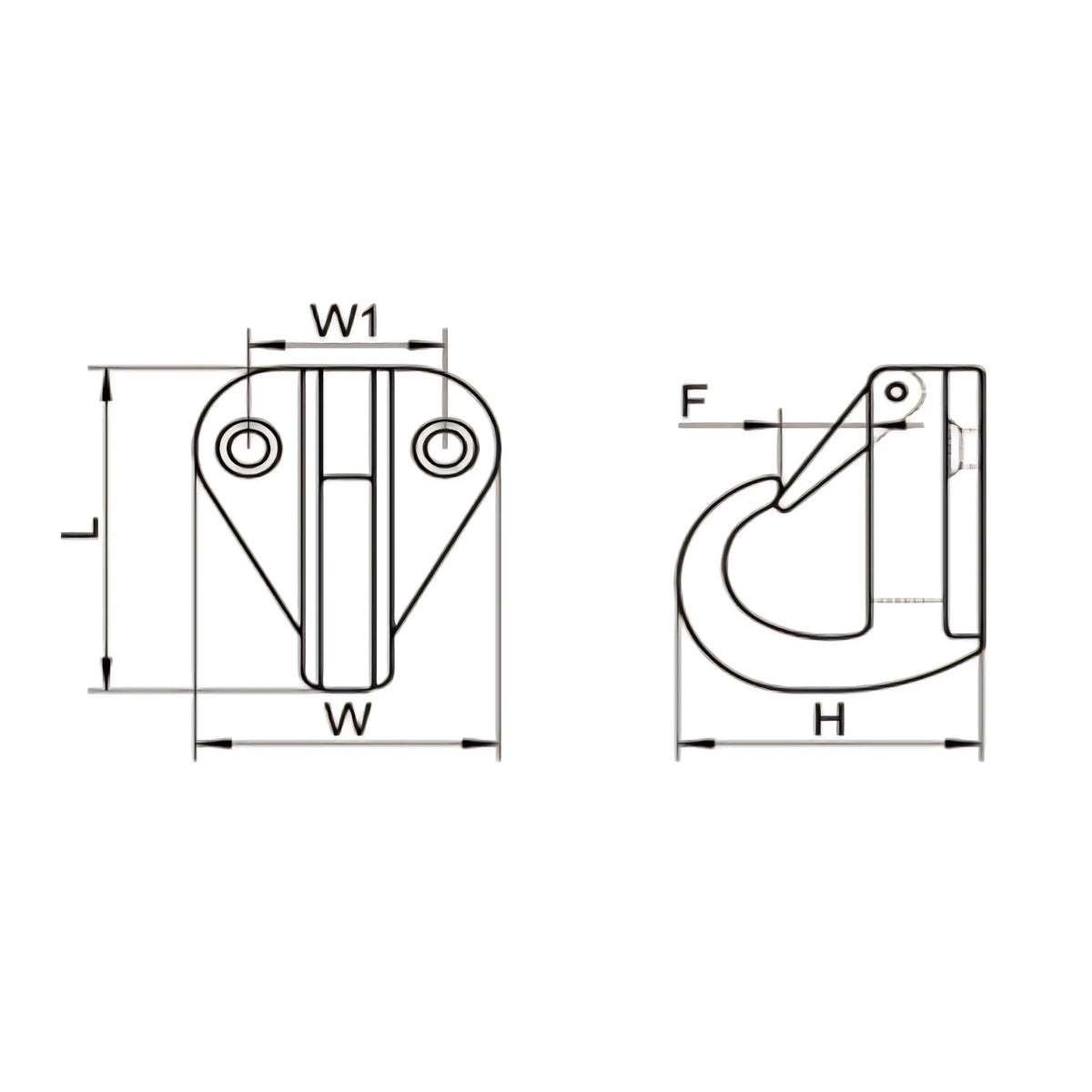 Gancio per parabordi in acciaio inox AISI 316 a microfusione con sicura a molla. Disponibile in due varianti di dimensione per fissaggio a paratia.