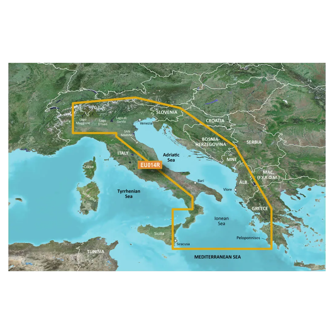 Mappa nautica Garmin BlueChart g3 Vision Italia e Adriatico con viste 3D e immagini satellitari.