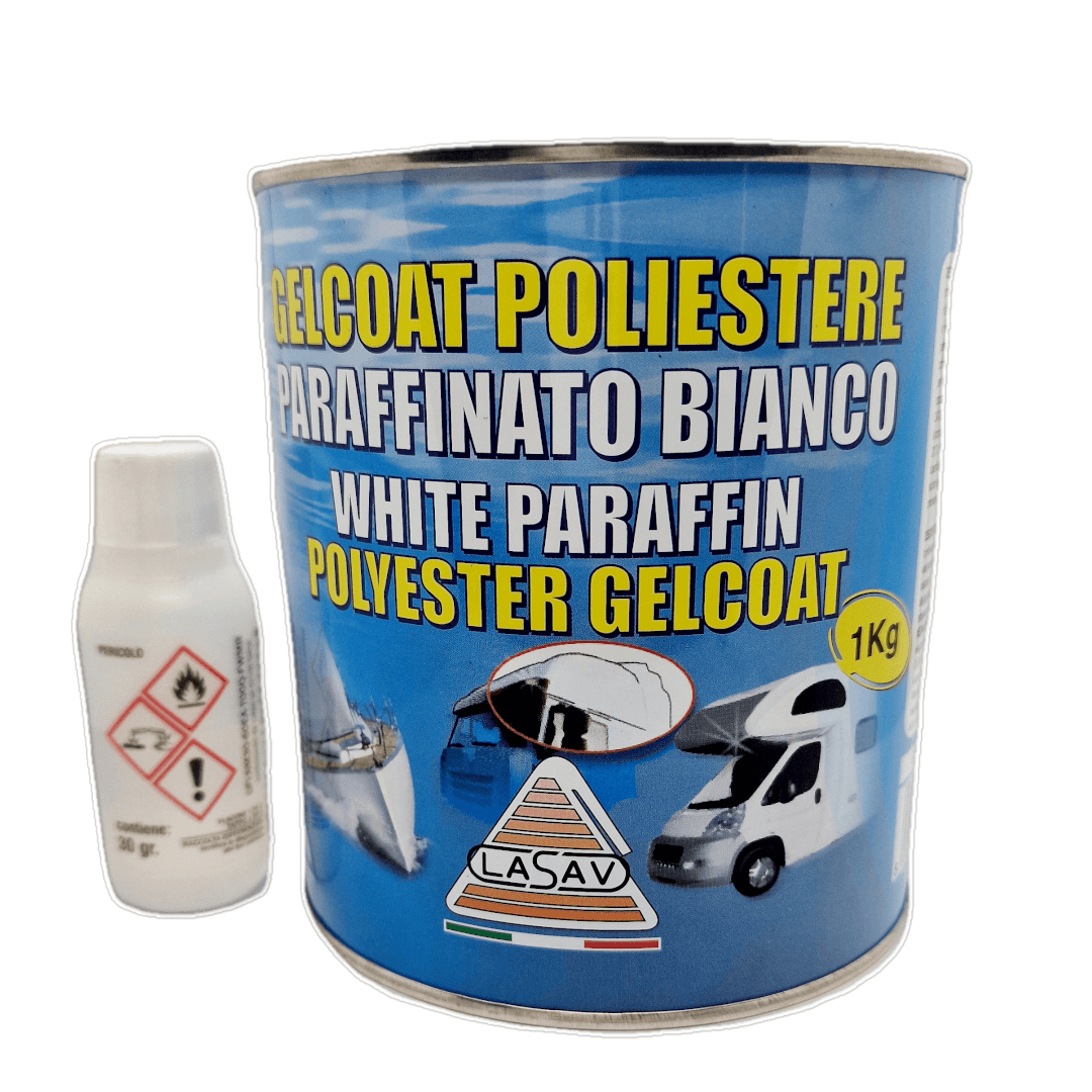 Gelcoat poliestere paraffinato bianco LASAV 1kg in barattolo metallico con flacone catalizzatore incluso