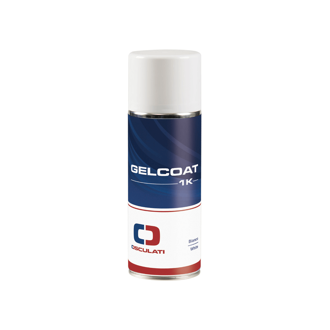 Bomboletta spray Osculati Gelcoat 1K bianco 400ml, etichetta blu e bianca con logo rossoblu