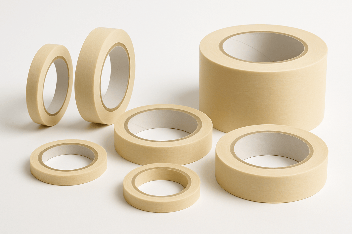 Rotoli nastro carta beige per mascheratura EUROCEL MSK6143 in varie dimensioni su sfondo bianco