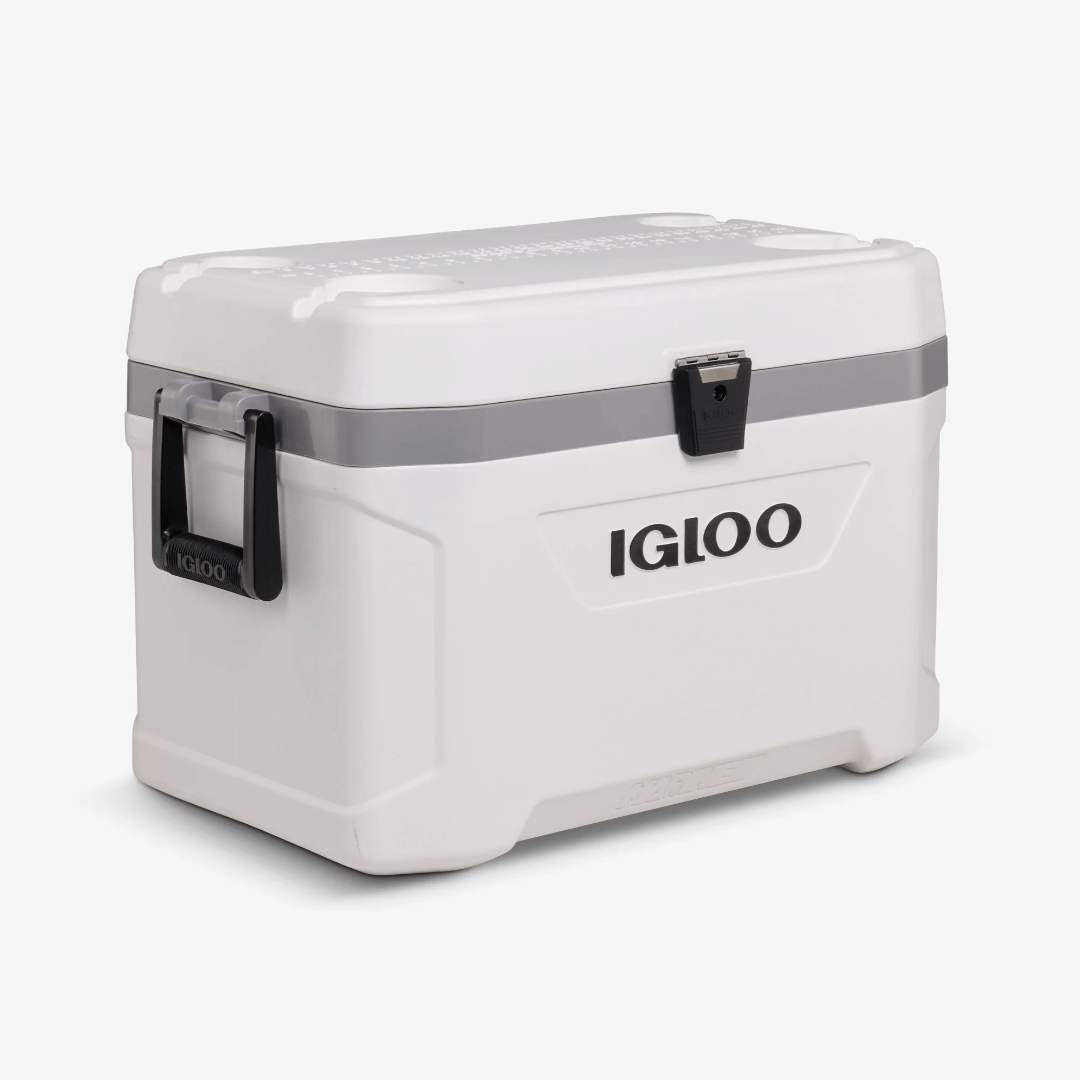 Ghiacciaia Igloo Marine Ultra 54 QT bianca in plastica rigida con chiusura a leva e maniglia laterale