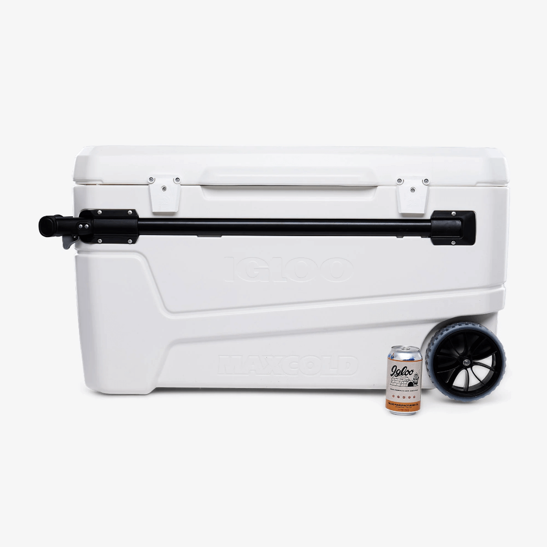 Ghiacciaia Igloo Marine Ultra bianca con ruote nere e manico telescopico, frigo portatile rigido