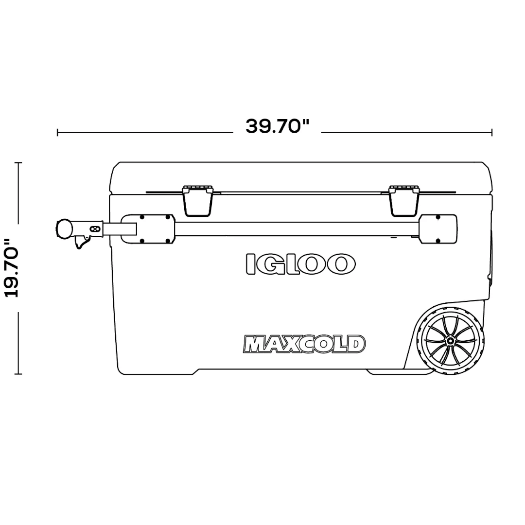 Scheda tecnica ghiacciaia Igloo MaxCold con ruote: dimensioni 39,70" x 19,70", manico telescopico
