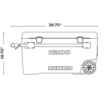 Scheda tecnica ghiacciaia Igloo MaxCold con ruote: dimensioni 39,70" x 19,70", manico telescopico