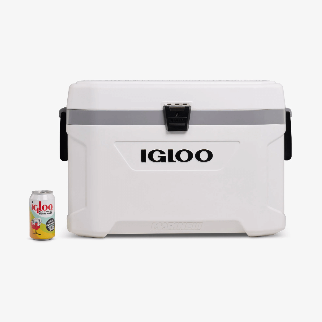Ghiacciaia Igloo Marine Ultra 54 QT bianca con chiusura frontale nera, 51 litri, con lattina per scala
