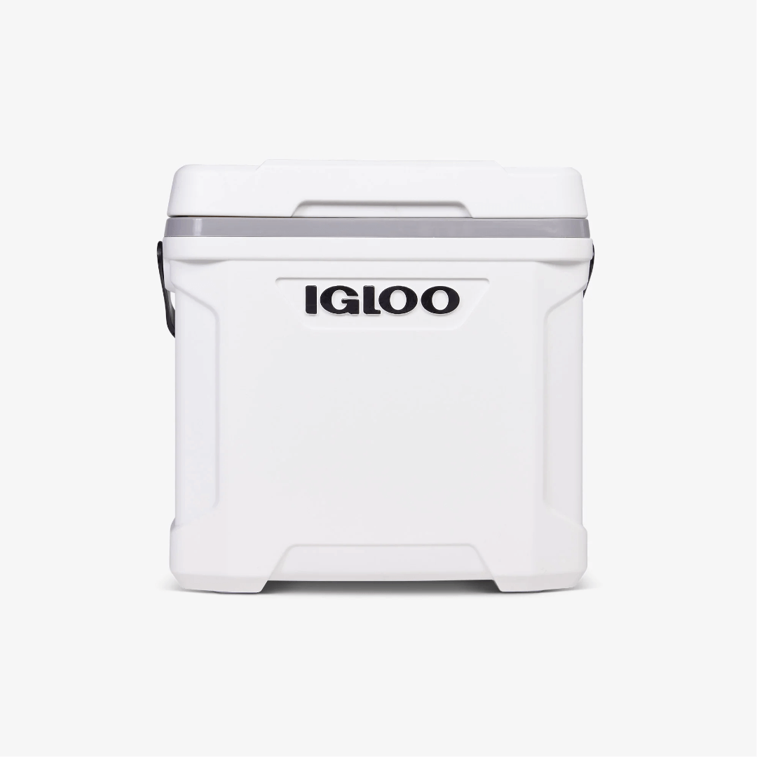 Ghiacciaia Igloo Marine Ultra 30 QT bianca in plastica rigida con logo nero e bordo grigio