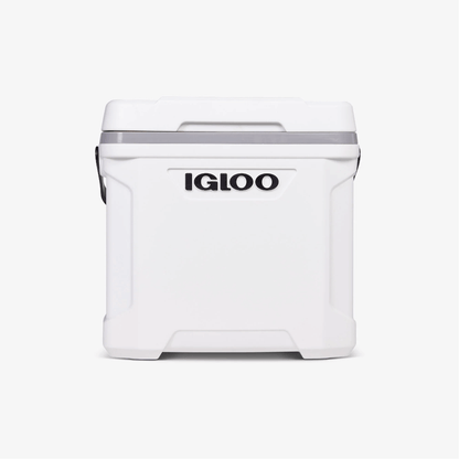 Ghiacciaia Igloo Marine Ultra 30 QT bianca in plastica rigida con logo nero e bordo grigio