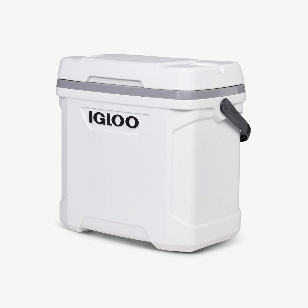 Ghiacciaia Igloo Marine Ultra 30 QT bianca in plastica rigida con manico nero e bordo grigio