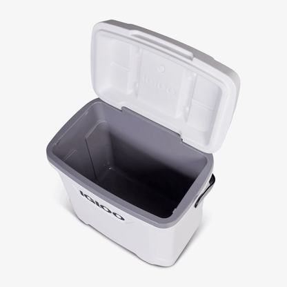 Ghiacciaia Igloo Marine Ultra 30 QT aperta, bianca e grigia, vista dall'alto con interno vuoto