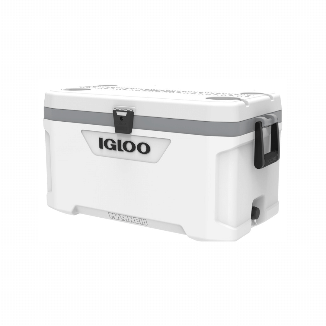 Ghiacciaia Igloo Marine Ultra 70 bianca con bordo grigio, chiusura a leva e maniglie laterali nere