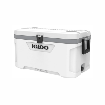Ghiacciaia Igloo Marine Ultra 70 bianca con bordo grigio, chiusura a leva e maniglie laterali nere