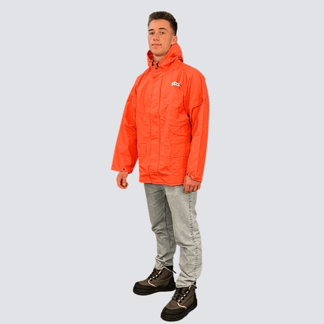 Giacca antipioggia OCEAN Offshore Heavy (560 g/m²), impermeabile 20.000 mm. Con polsino interno anti-infiltrazione e chiusura a bottoni/placca frontale. laterale fronte