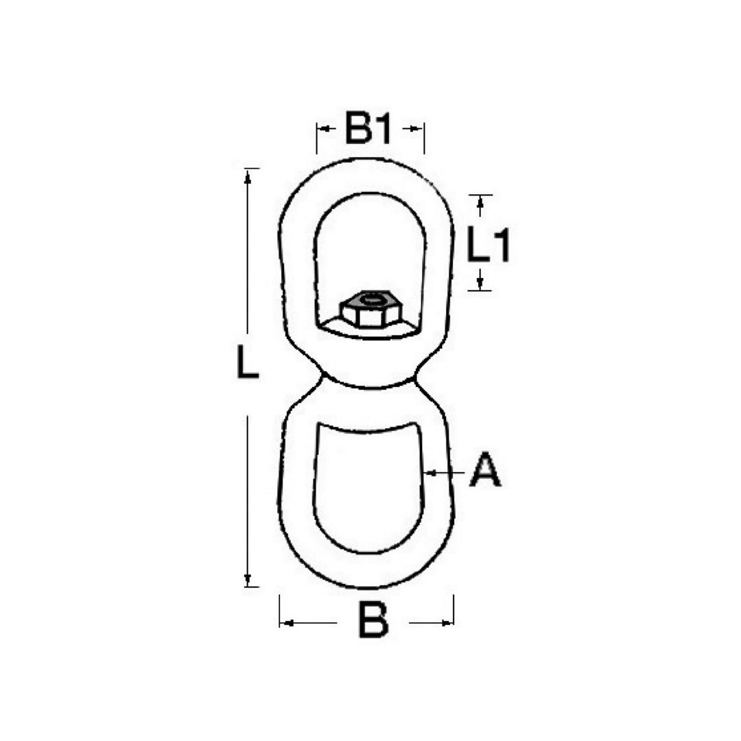 Scheda tecnica girella in acciaio zincato per catena d'ancora con quote L, L1, B, B1, A