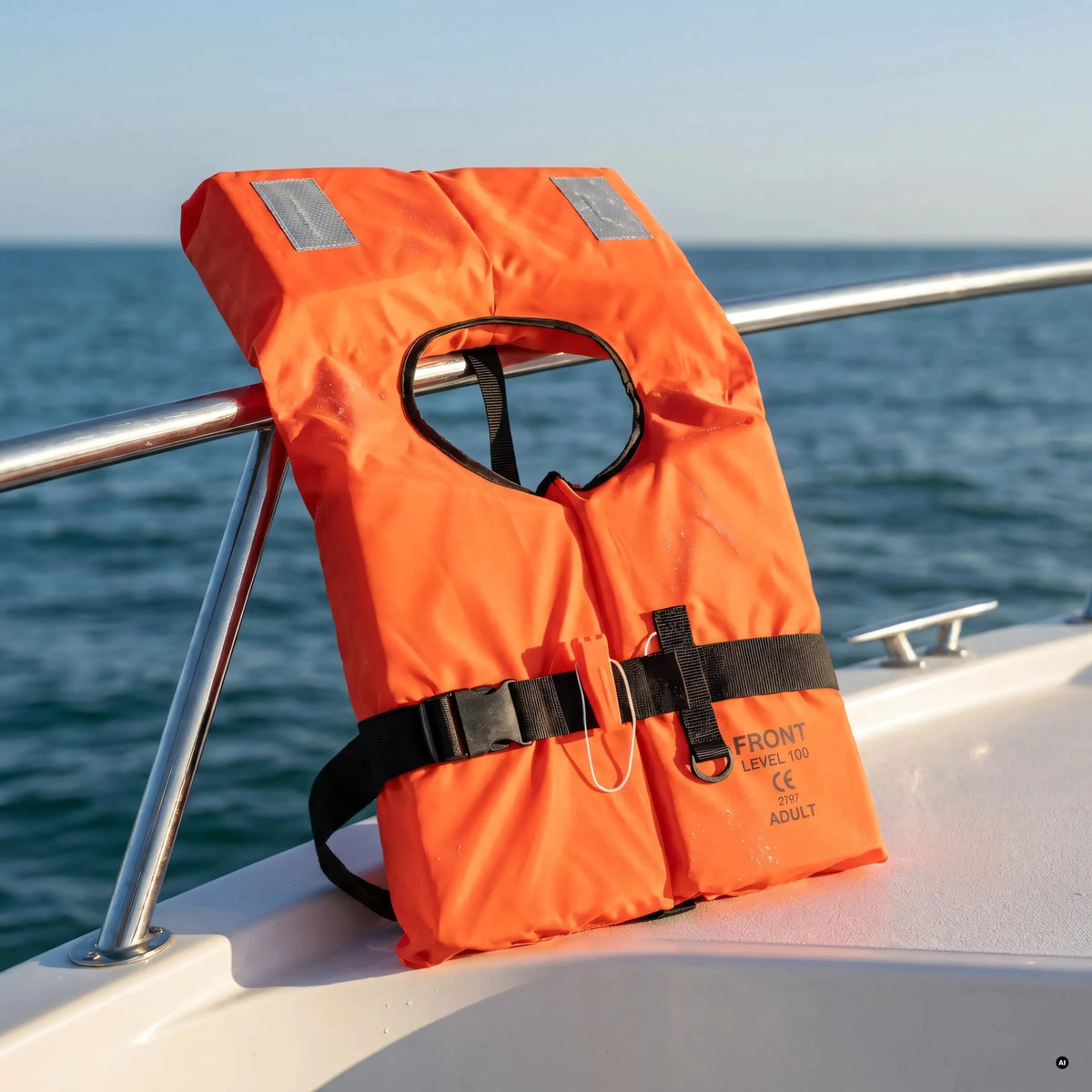 Giubbotto di salvataggio 100N arancione appoggiato sulla battagliola di una barca, con il mare sullo sfondo