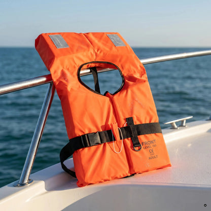 Giubbotto di salvataggio 100N arancione appoggiato sulla battagliola di una barca, con il mare sullo sfondo