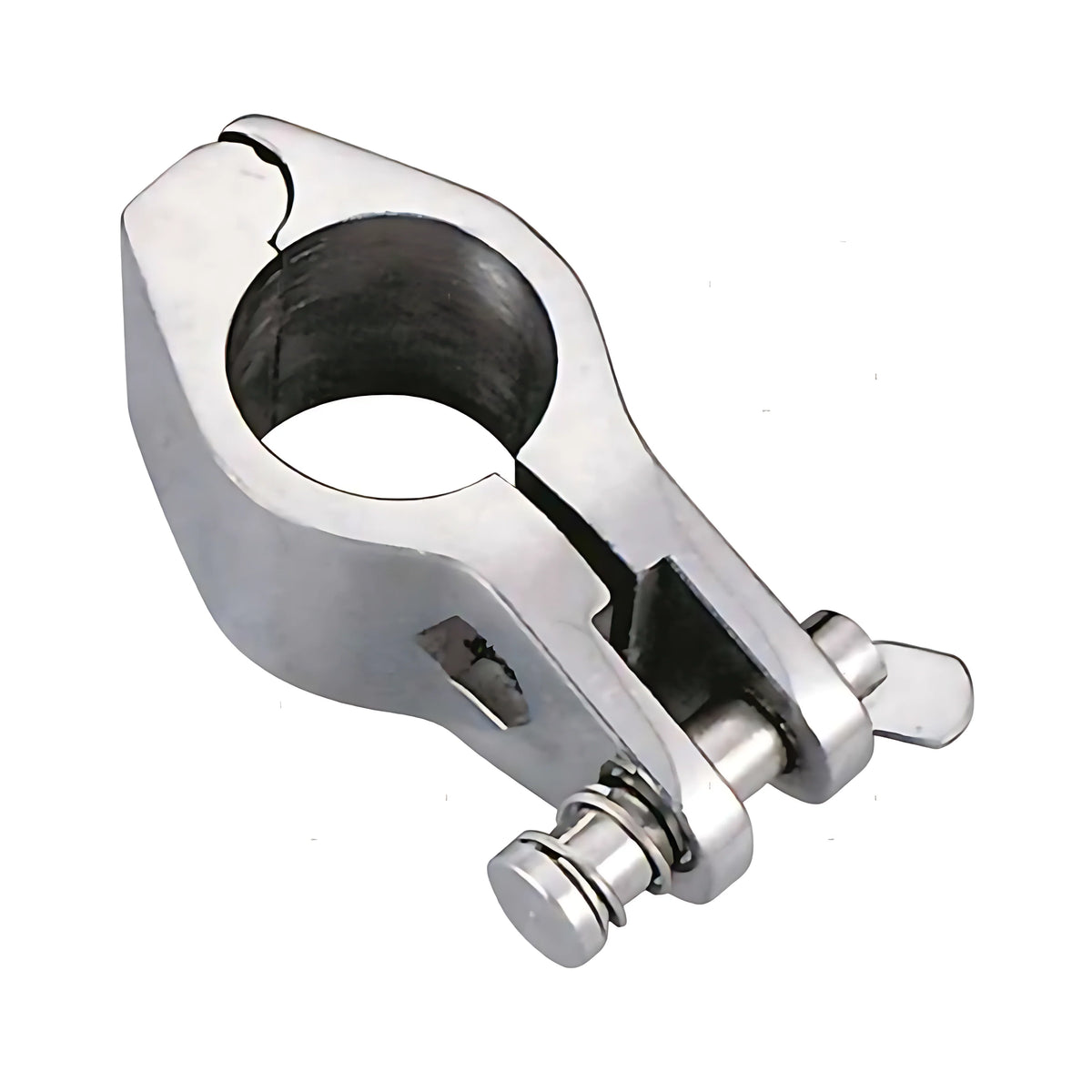 Giunto apribile modello TAS in acciaio inox AISI 316 con perno sfilabile e sistema di sicurezza per tubi di tendalini nautici.