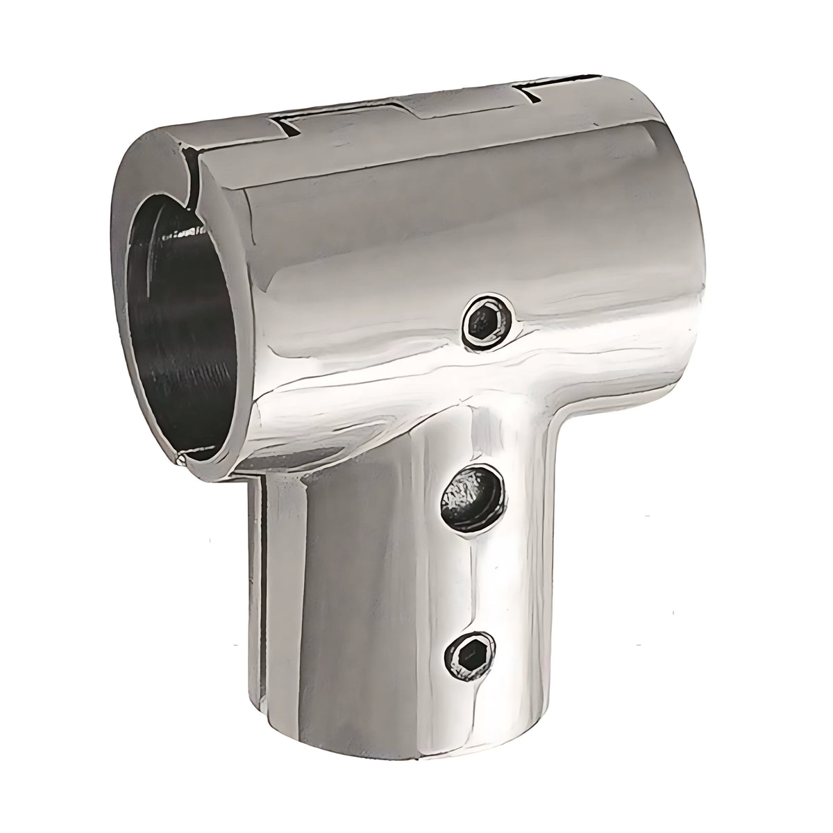Giunto a T apribile con inclinazione a 90 gradi in acciaio inox AISI 316 da fusione per tubi nautici, disponibile in diametri 22mm e 25mm.
