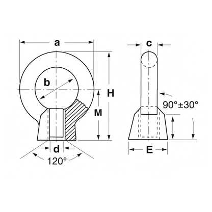 Scheda tecnica golfare femmina DIN inox 316 Ø 12 mm con dimensioni a, b, c, d, E, H, M e angoli