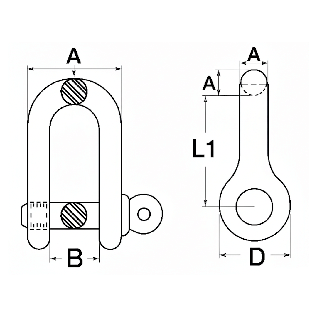 Scheda tecnica grillo diritto acciaio inox AISI 316 con quote dimensionali A, B, D, L1