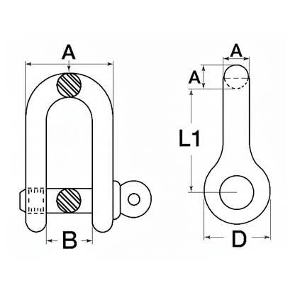Scheda tecnica grillo diritto acciaio inox AISI 316 con quote dimensionali A, B, D, L1