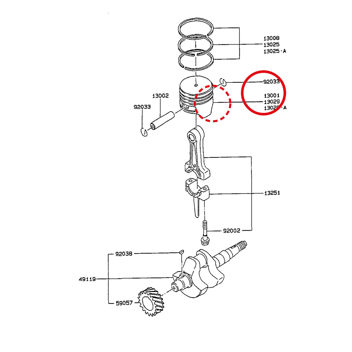 Esploso «FG150G-BT51 - pistone / albero motore» del minitransporter Ibea IBT-350DH, con la posizione 13001 del ricambio K130012142