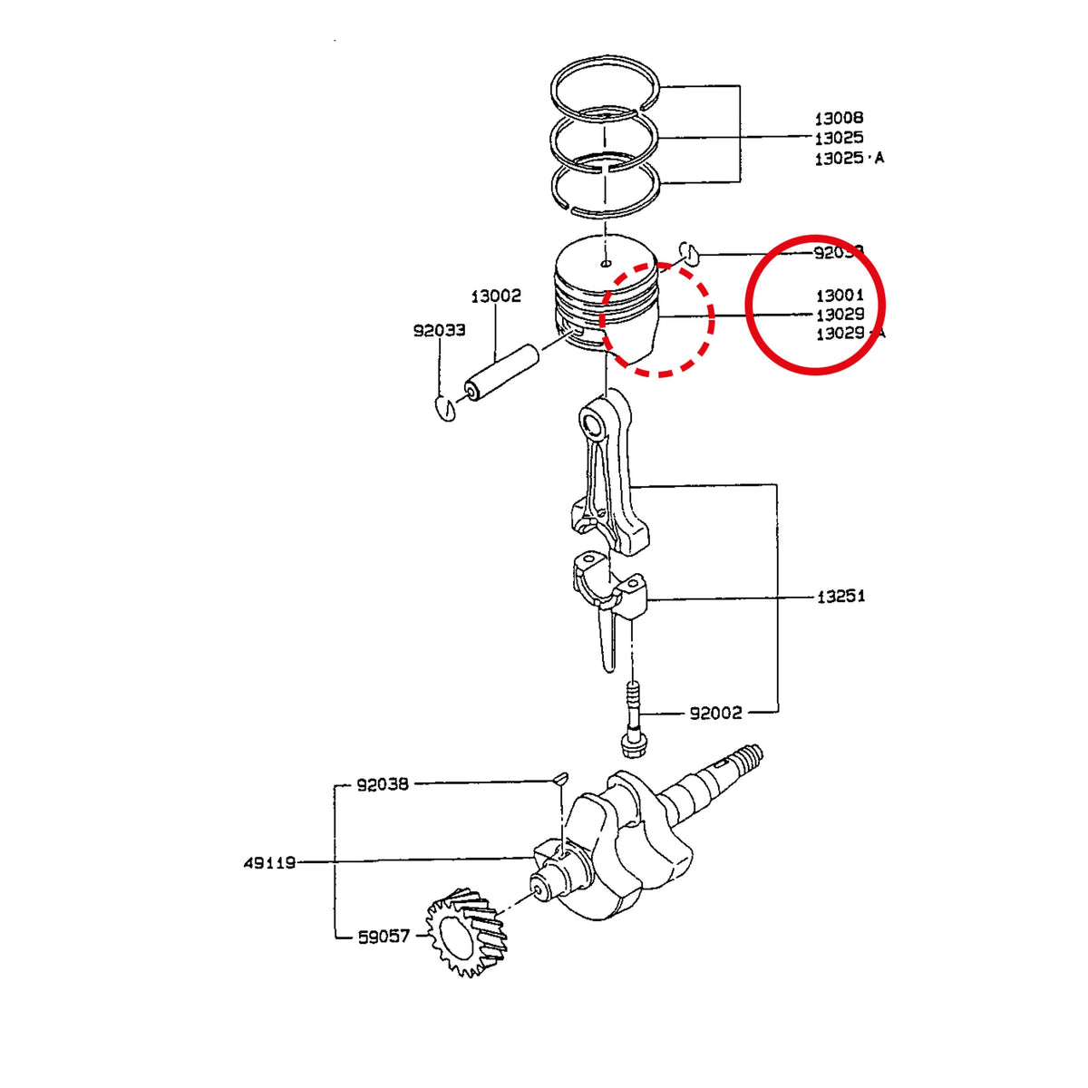 Esploso «FG150G-BT51 - pistone / albero motore» del minitransporter Ibea IBT-350DH, con la posizione 13029 del ricambio K130292069