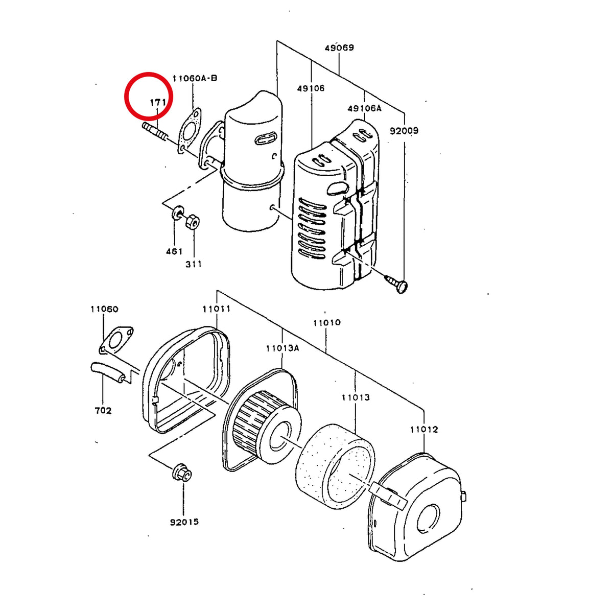 Esploso «FG150G-BT51 - filtro aria / marmitta» del minitransporter Ibea IBT-350DH, con la posizione 171 del ricambio K171G0616