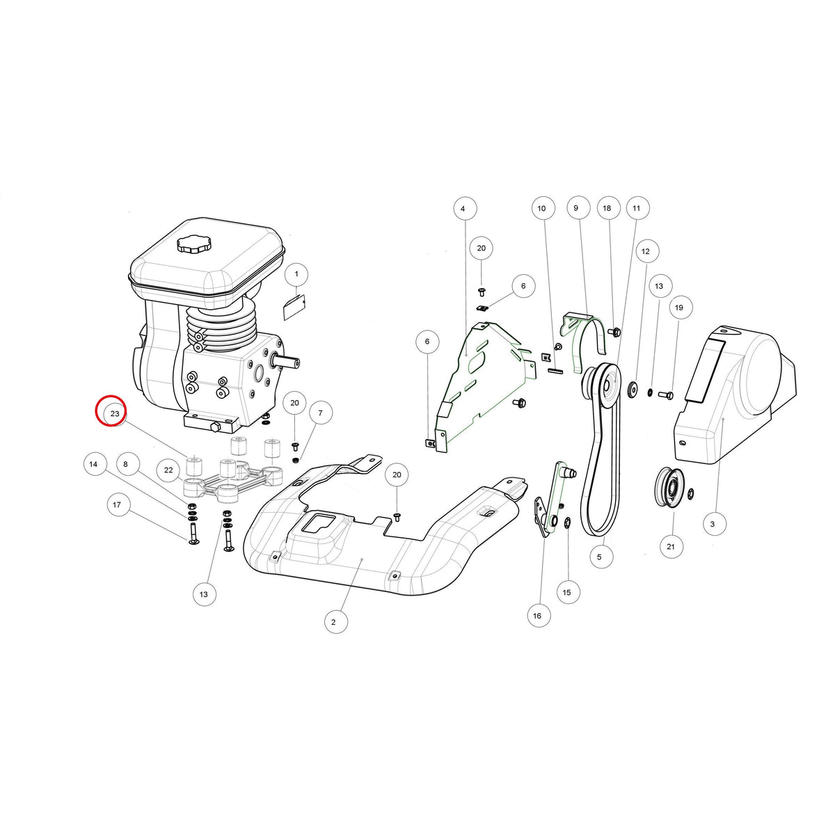 Esploso «Gruppo motore mitsubishi» del minitransporter Ibea IBT-5000DHZ, con la posizione 23 del ricambio P041212