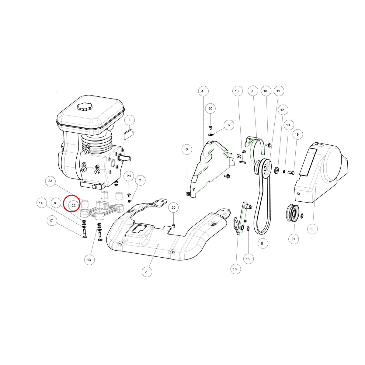 Esploso «Gruppo motore mitsubishi» del minitransporter Ibea IBT-5000DHZ, con la posizione 22 del ricambio P041215