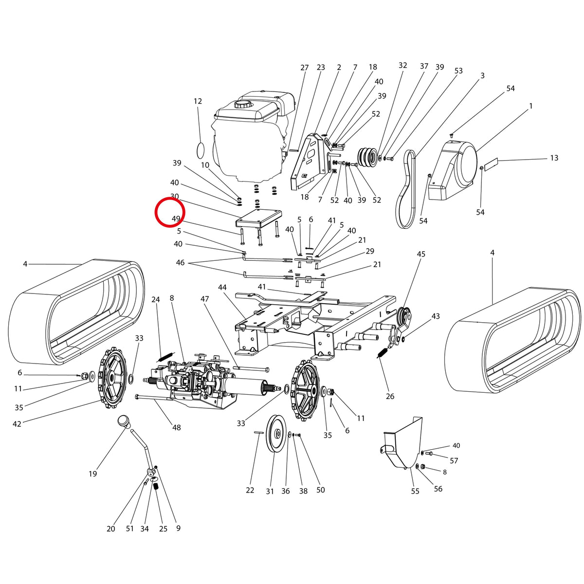 Esploso «Motore E trasmissione» del minitransporter Ibea IBT-401, con la posizione 49 del ricambio P1010135