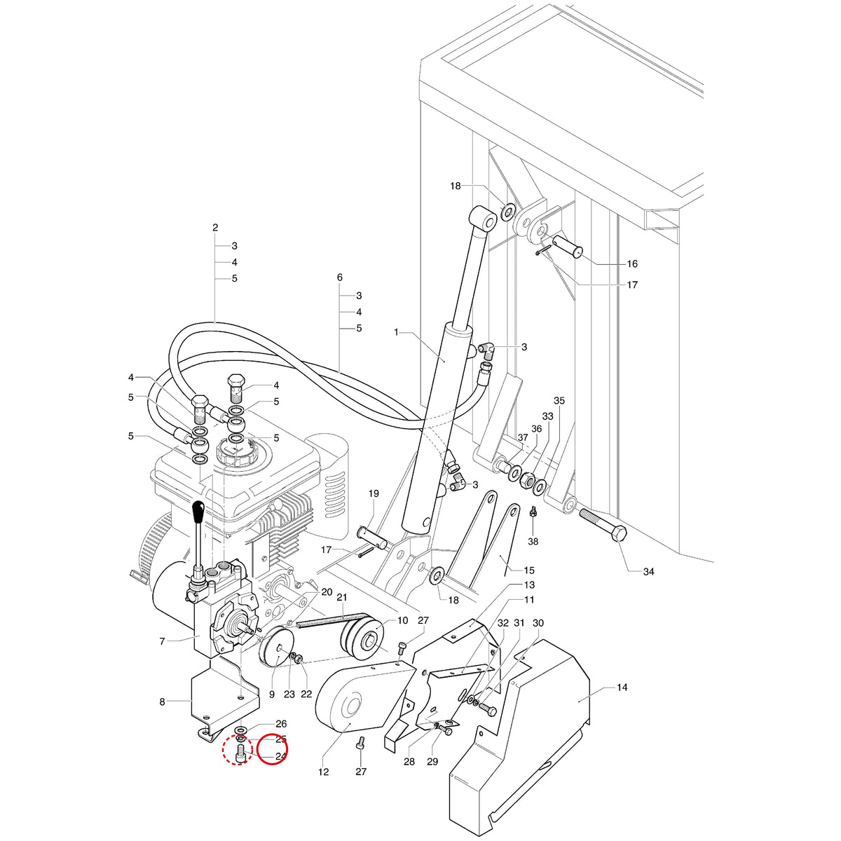 Esploso «Sistema sollevamento cassone dumper idraulico» del minitransporter Ibea IBT-350DH, con la posizione 24 del ricambio P1010239