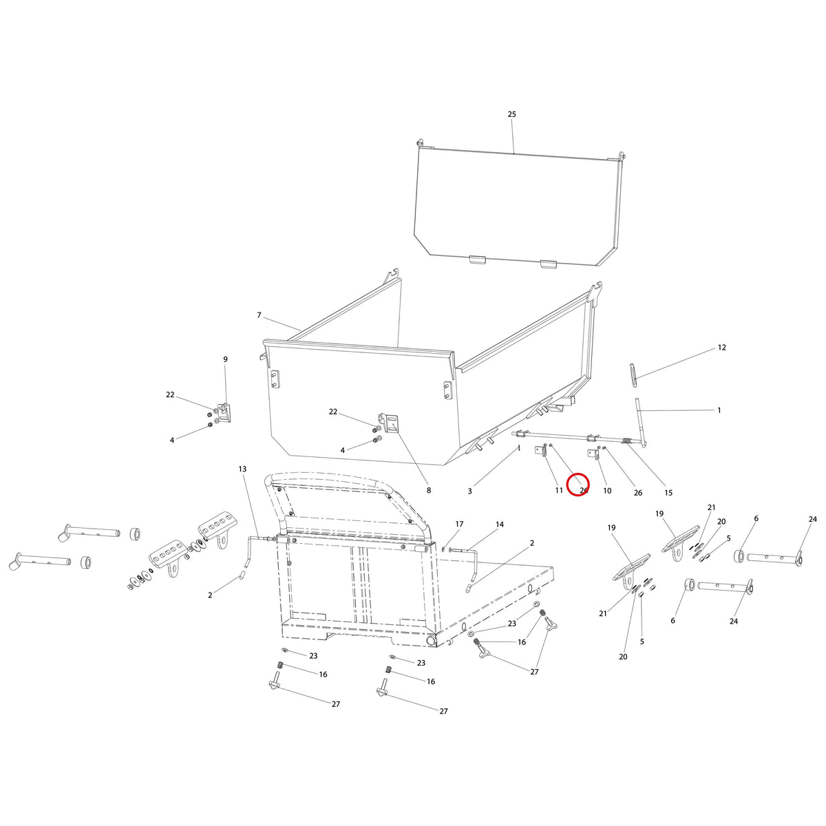 Esploso «Cassone dumper» del minitransporter Ibea IBT-351, con la posizione 26 del ricambio P1010328
